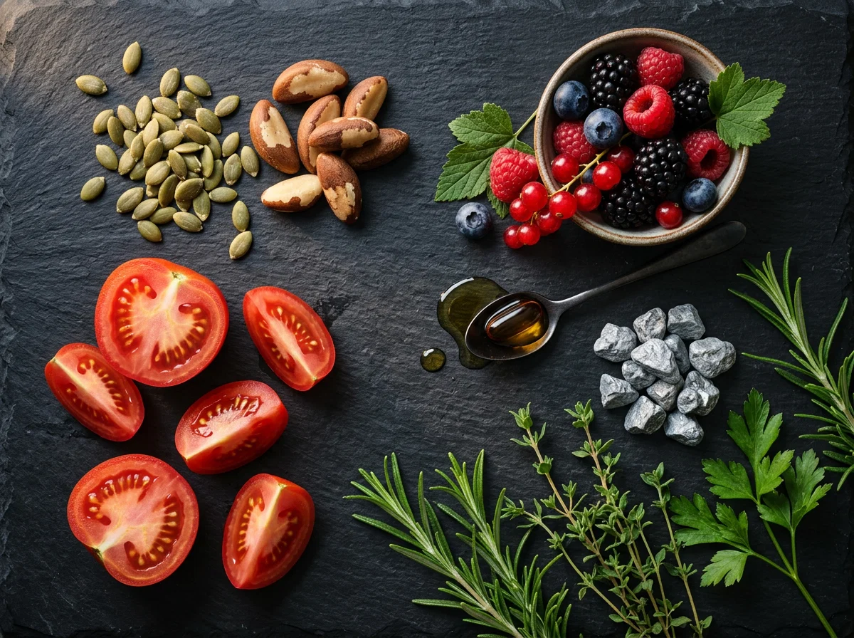 Flat lay of pumpkin seeds, Brazil nuts, lycopene tomatoes, Vitamin E and zinc supplement ingredients on dark slate - pumpkin seed extract supplement benefits