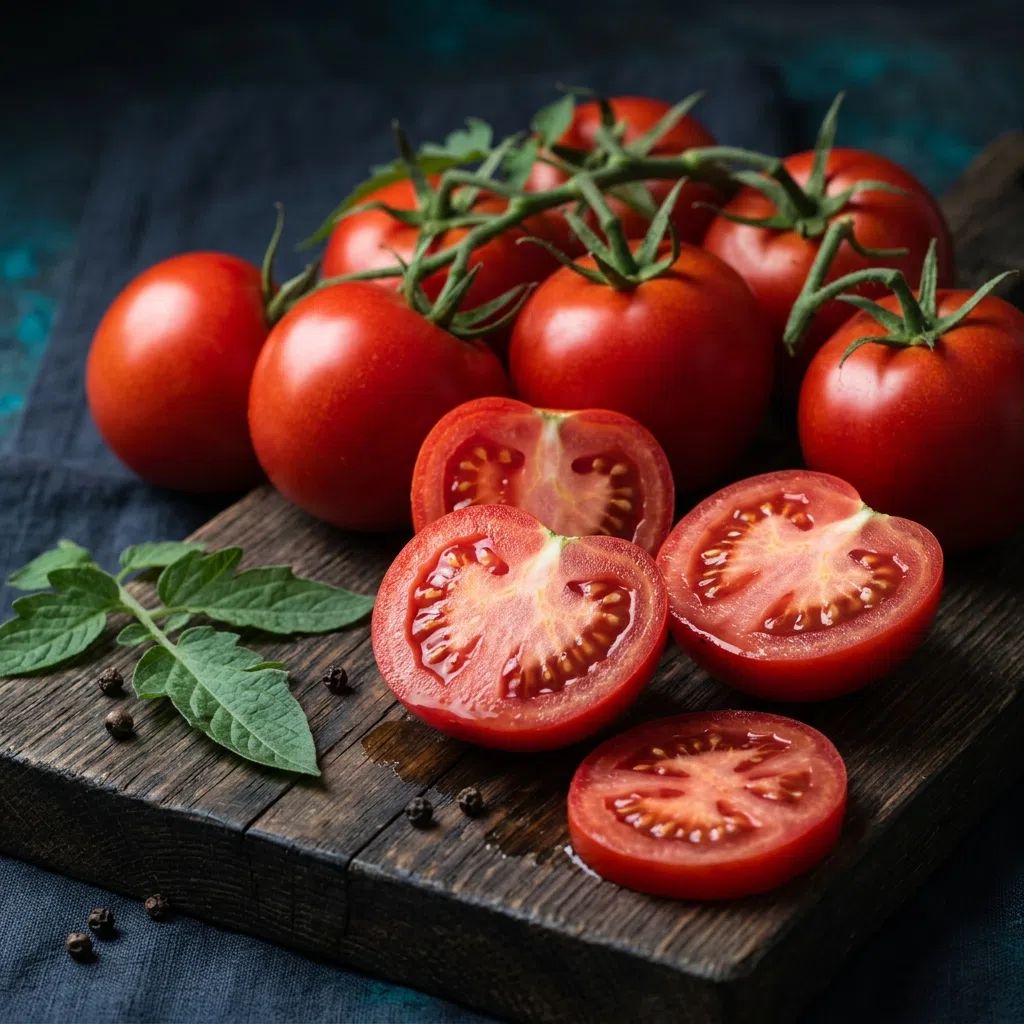 Ripe red tomatoes on dark wood - lycopene supplement antioxidant for men