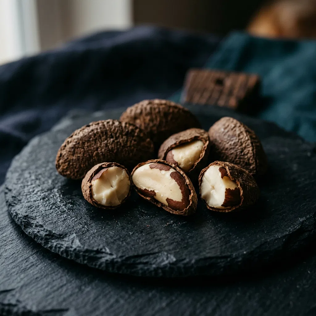 Brazil nuts on dark slate - selenium and vitamin E for men's health
