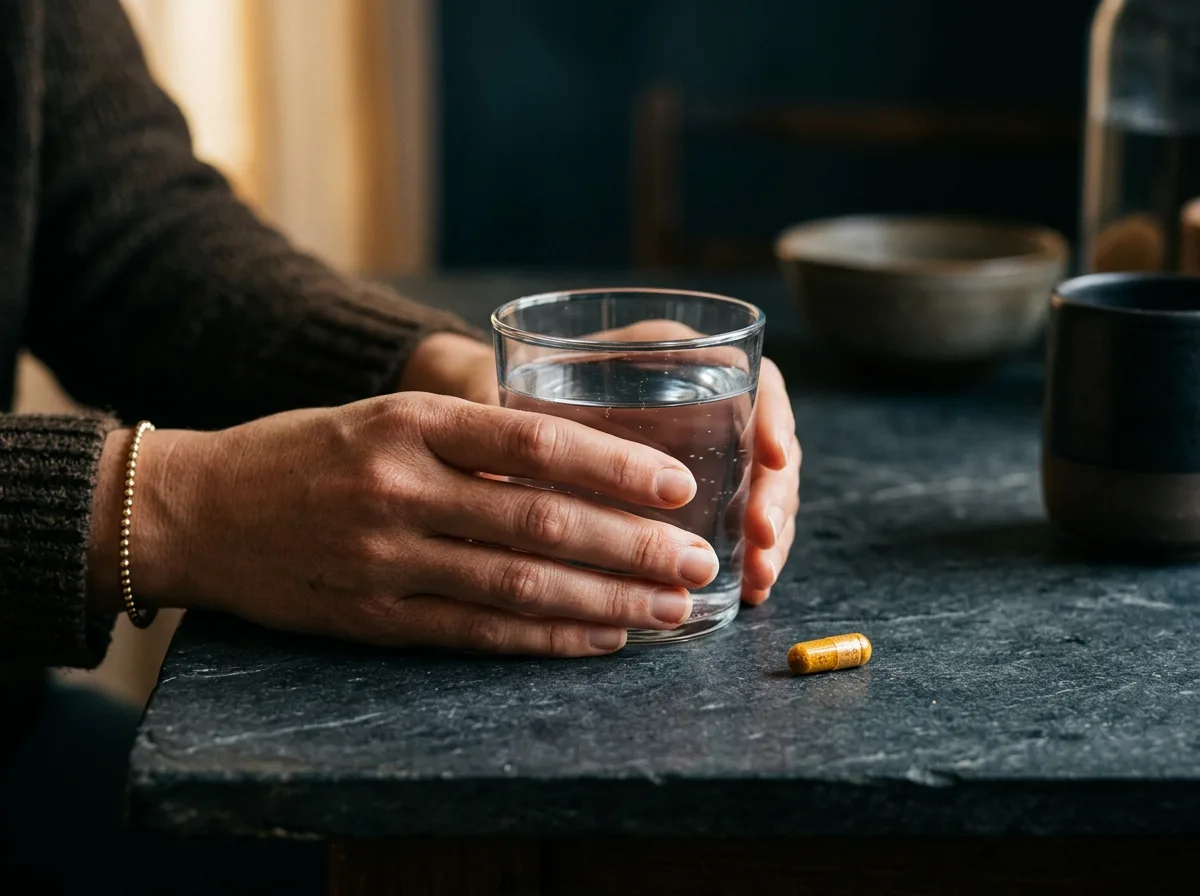 Hands holding a glass of water with a Hardero supplement capsule on a dark table - men's daily health routine New Zealand