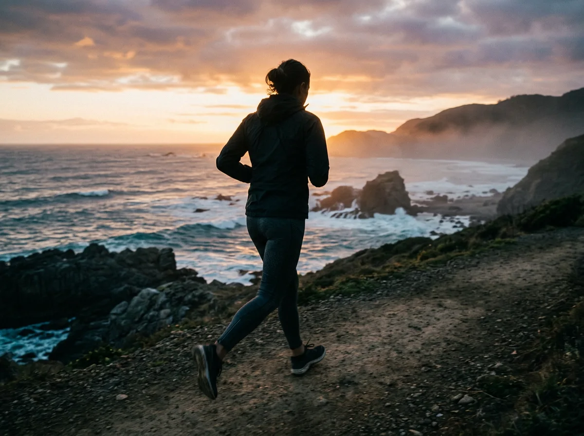 Anonymous man jogging along a coastal New Zealand path at sunrise - active lifestyle for men over 50